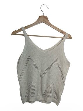 Women’s White Open Knit Pointelle Sweater Tank Top Boho Coastal Size M